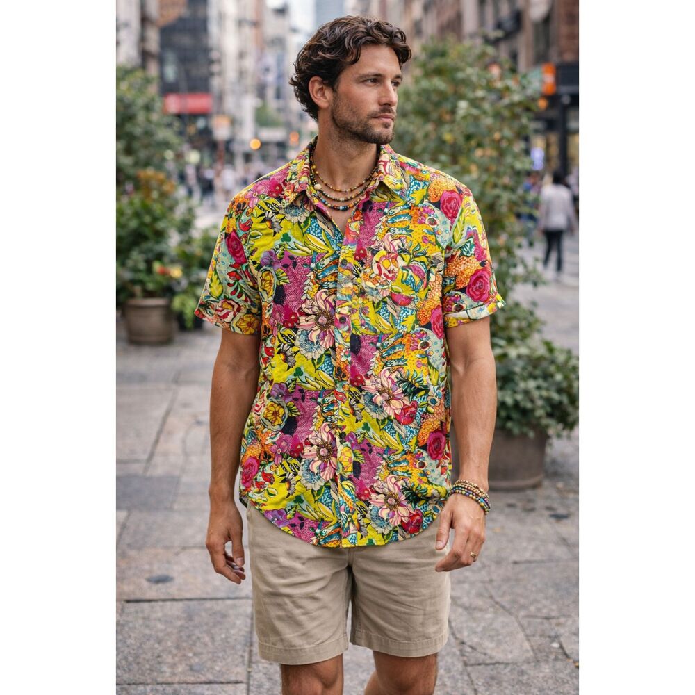 RAGA MAN Yellow Floral Button Up Short Sleeve Shirt  Mens Size Medium